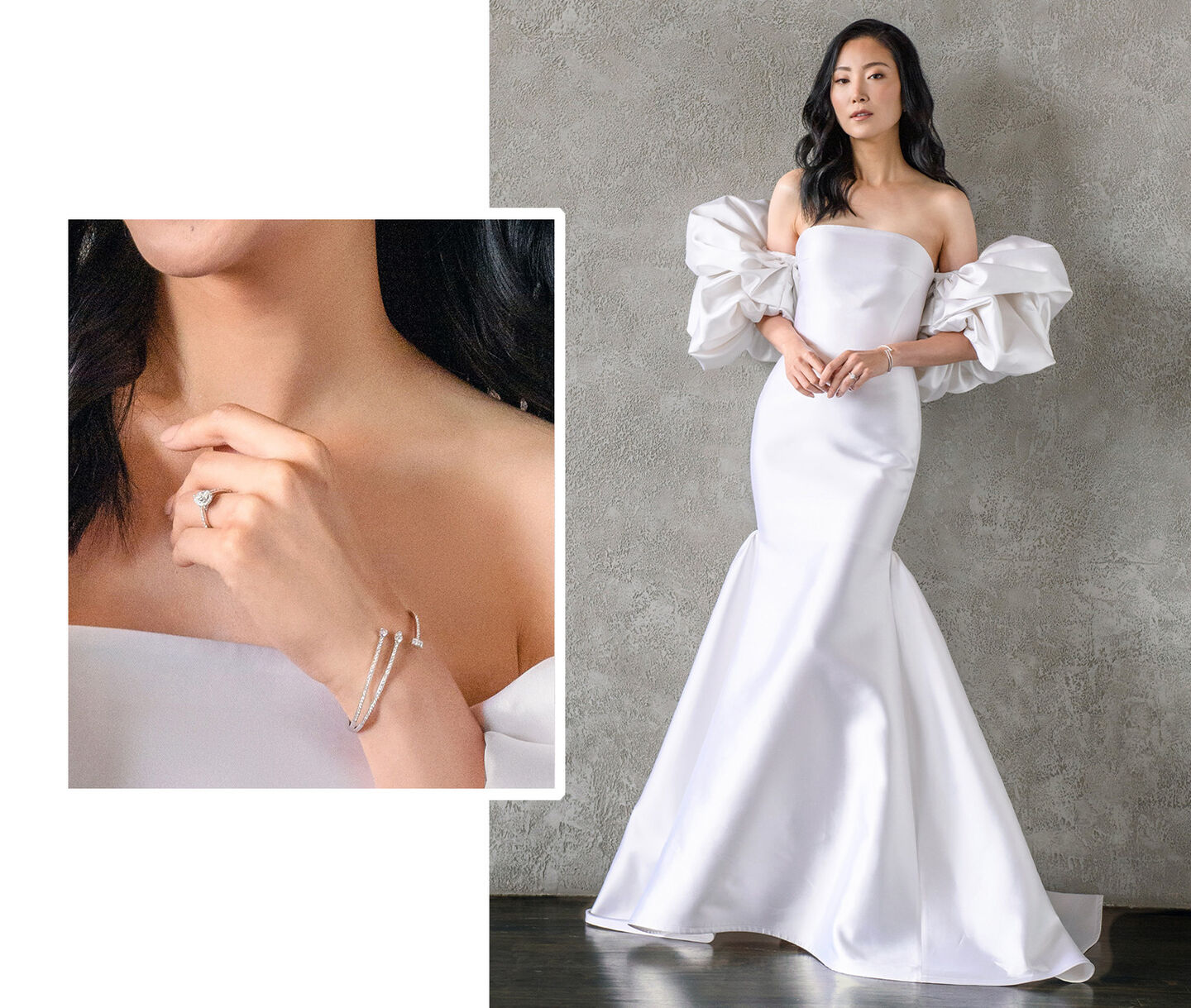 A woman wearing a dress from Greta Constantine and bridal jewellery.